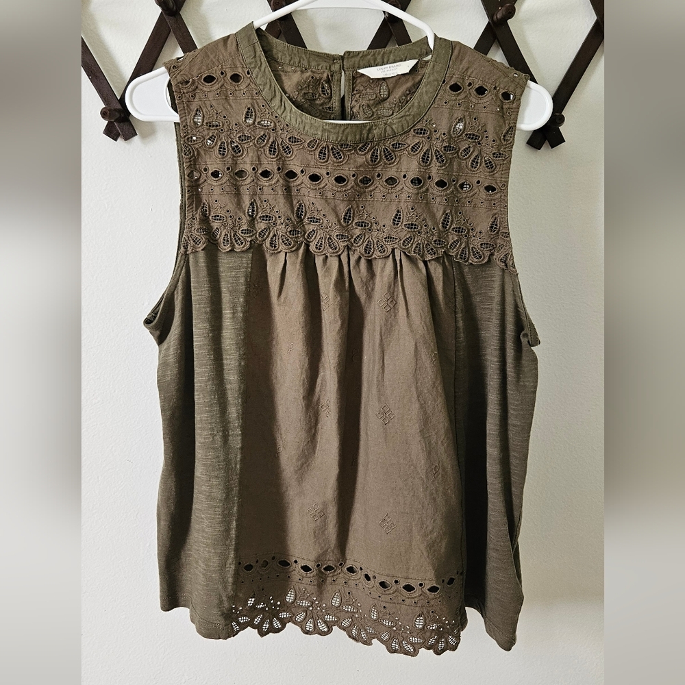 SOLD Lucky Brand Olive Green Eyelet Top - Picture 1 of 4